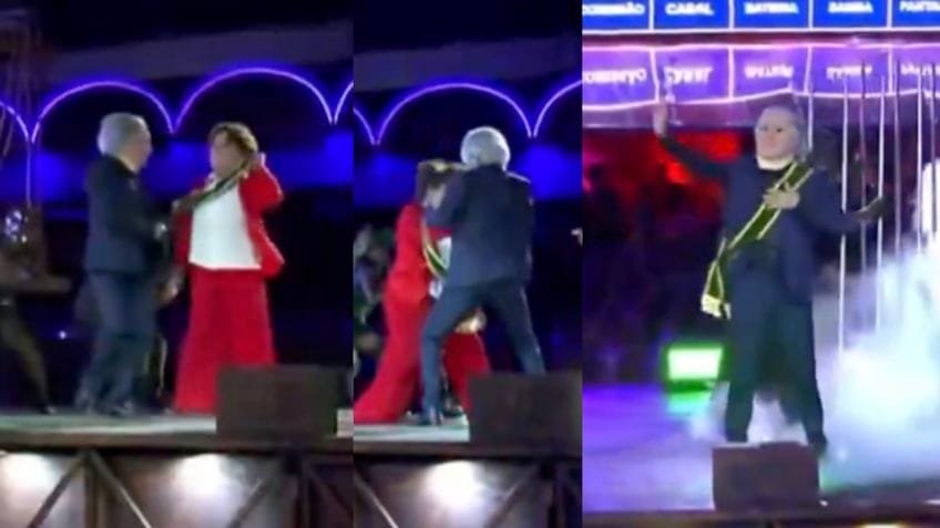 Desfile pró-Lula mostra Temer tomando faixa de Dilma