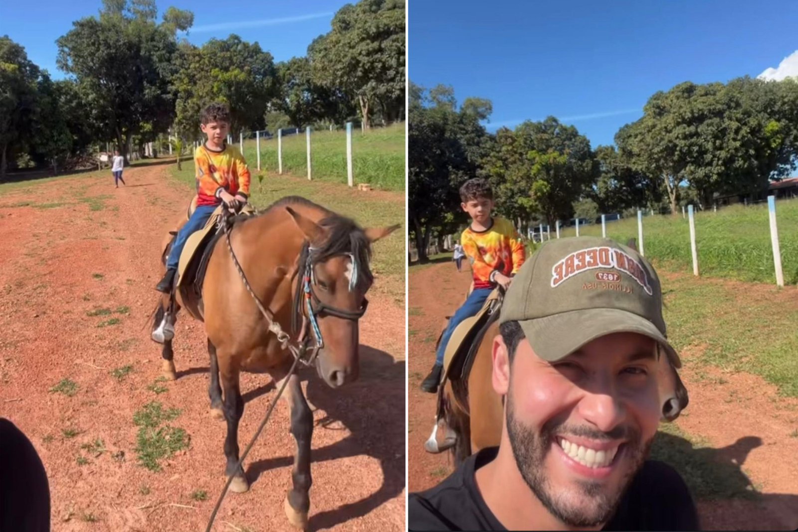 Filho de Marília Mendonça e Murilo Huff encanta ao surgir montando a cavalo em dia de fazenda
